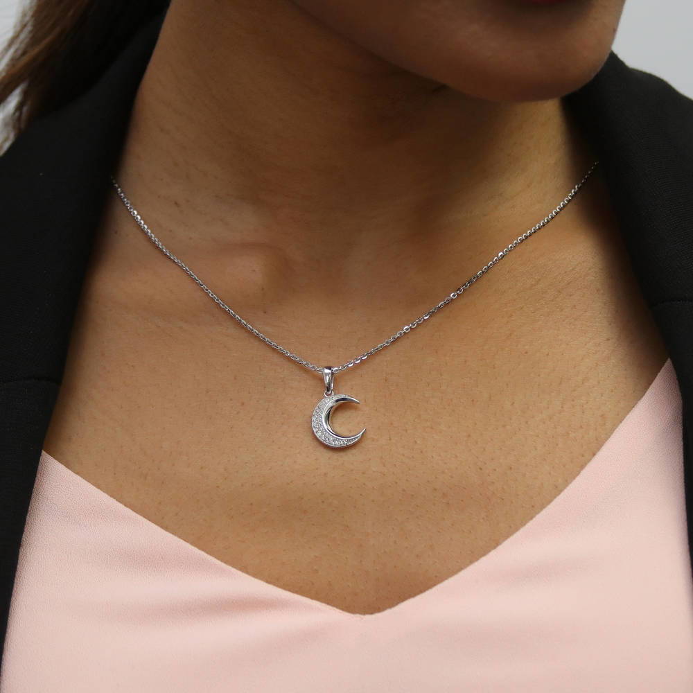 Model wearing Crescent Moon CZ Necklace in Sterling Silver, 2 of 8