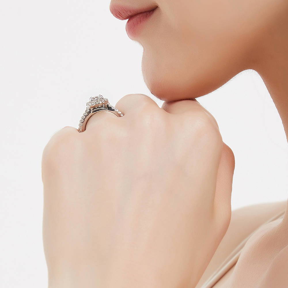 Model wearing Halo Round CZ Insert Ring Set in Sterling Silver, 9 of 11