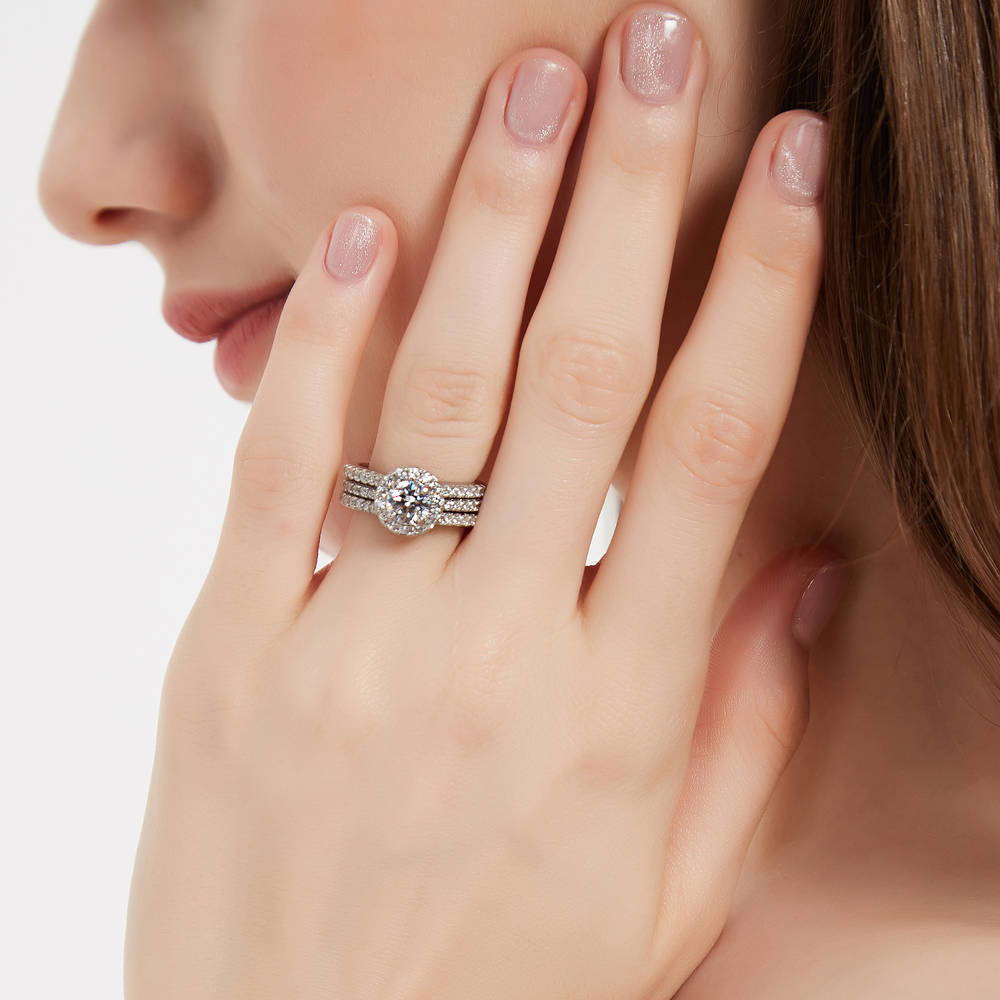 Model wearing Halo Round CZ Insert Ring Set in Sterling Silver, 5 of 11
