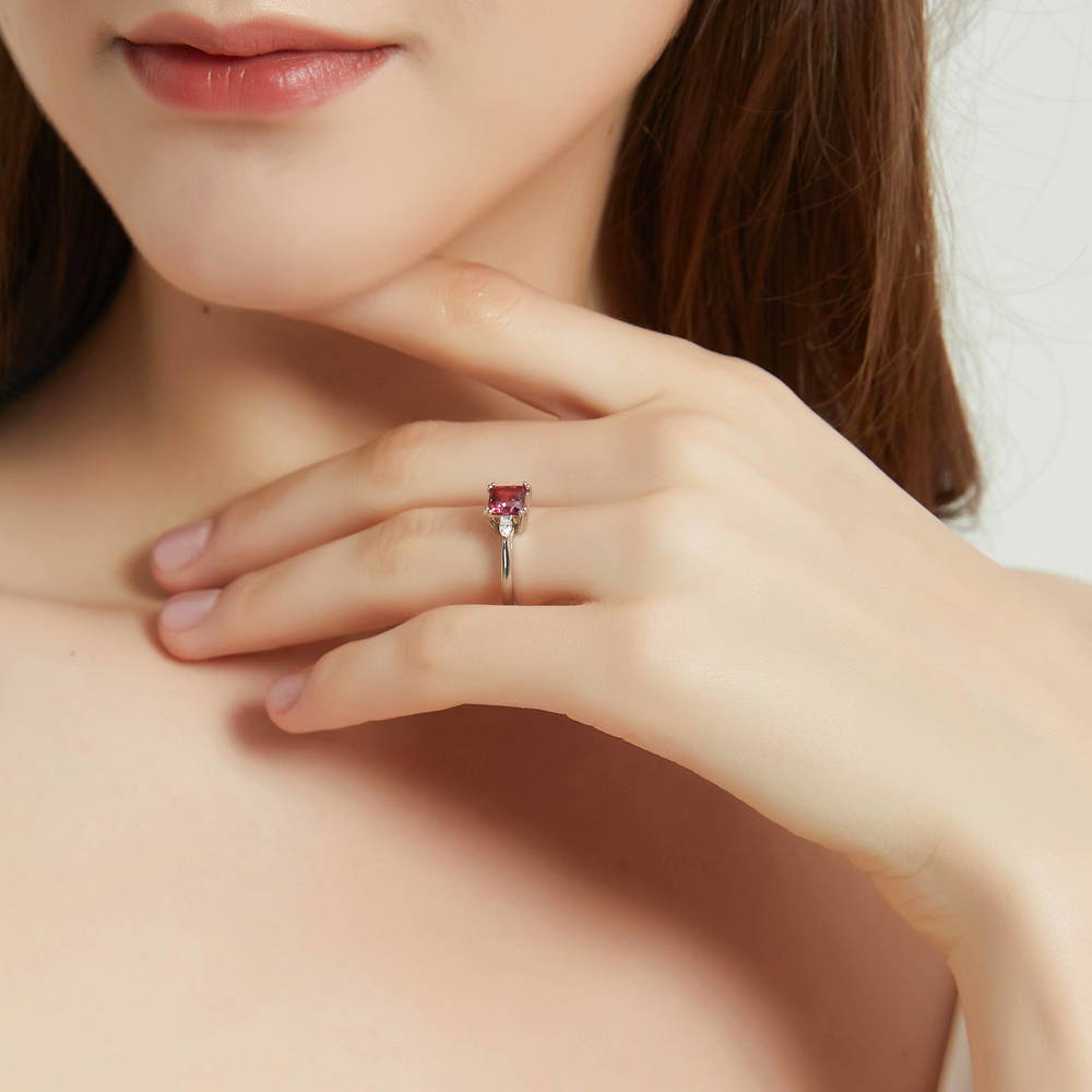3-Stone 1.2ct Red Princess CZ Ring in Sterling Silver