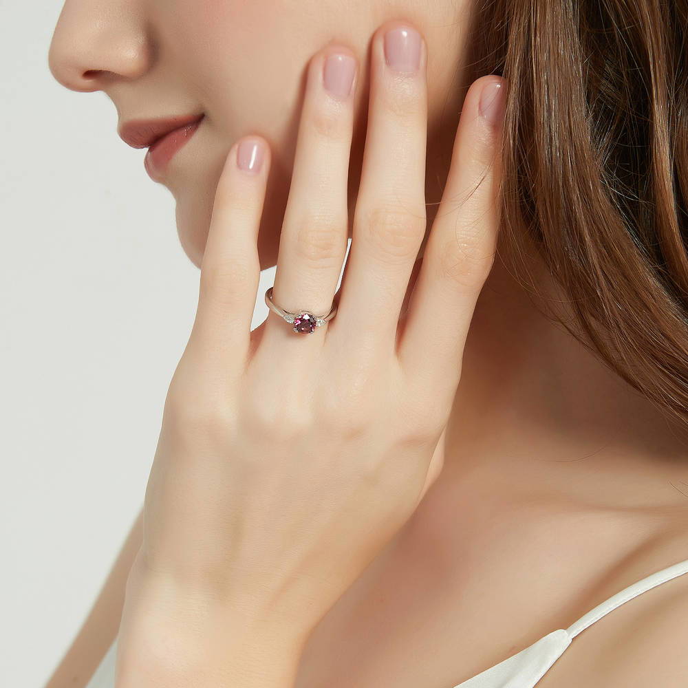 Model wearing 3-Stone 0.8ct Red CZ Ring in Sterling Silver, 2 of 8