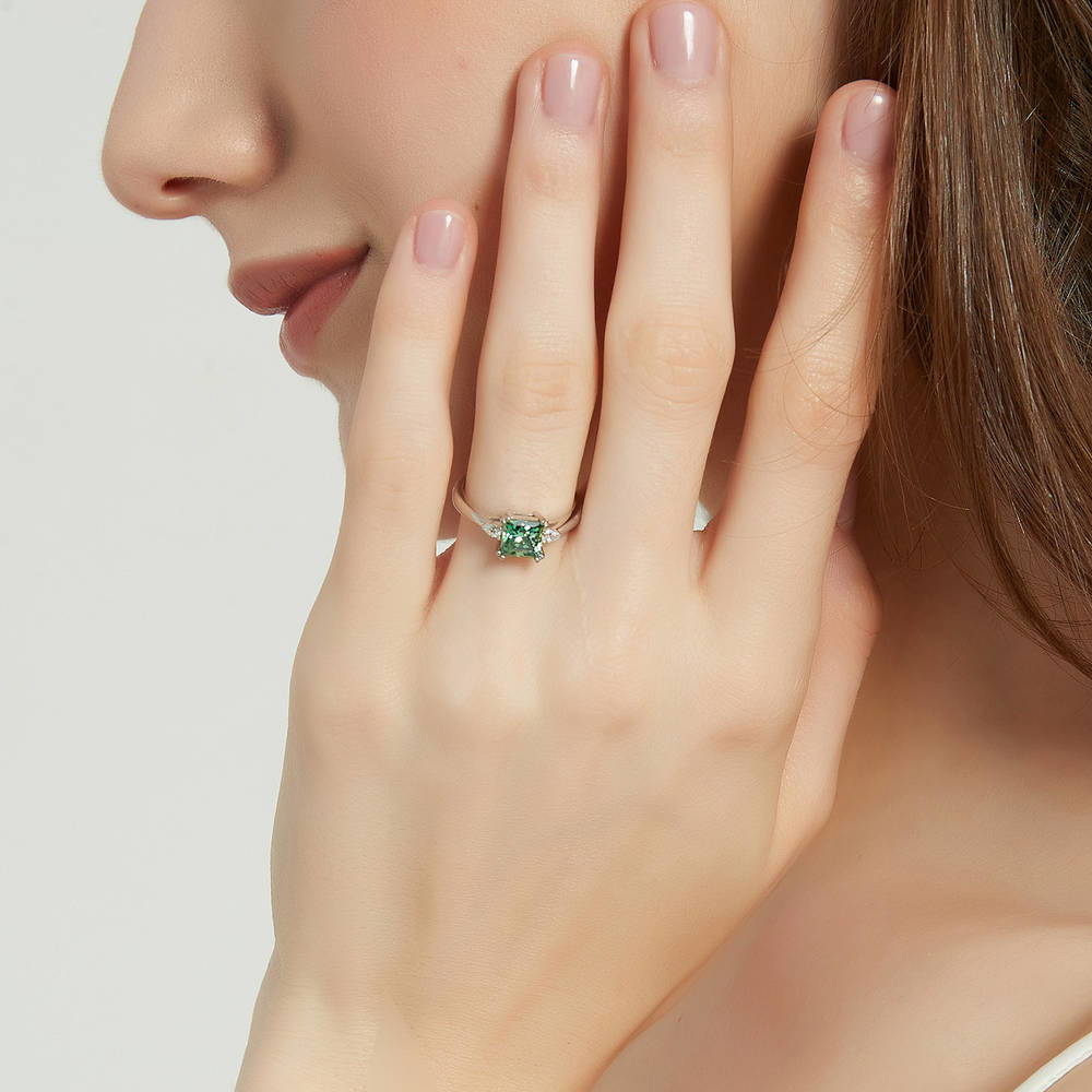 3-Stone 1.2ct Green Princess CZ Ring in Sterling Silver