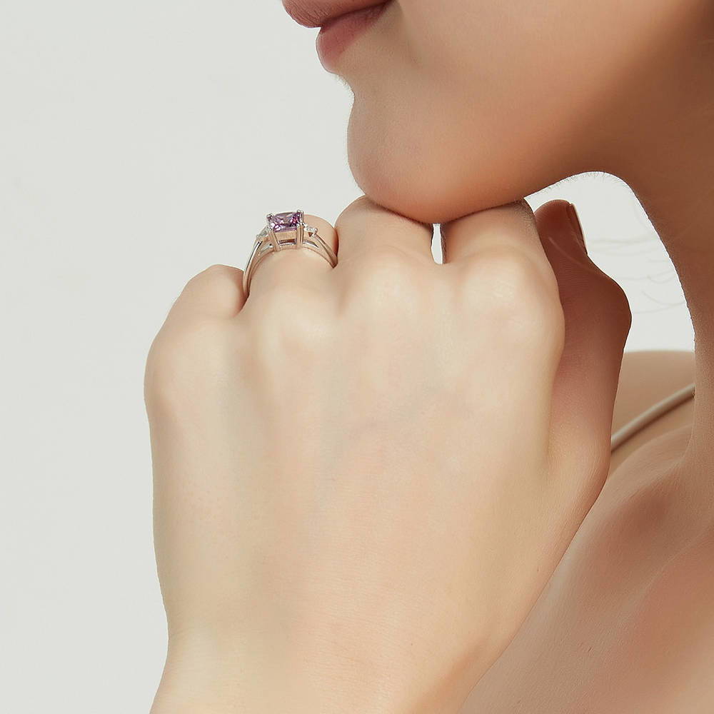 3-Stone Purple Princess CZ Ring in Sterling Silver