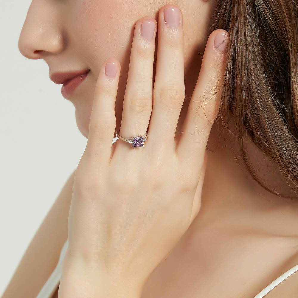 3-Stone Purple Princess CZ Ring in Sterling Silver