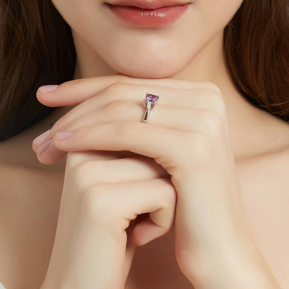 Model wearing 3-Stone 1.2ct Purple Princess CZ Ring in Sterling Silver, 6 of 8