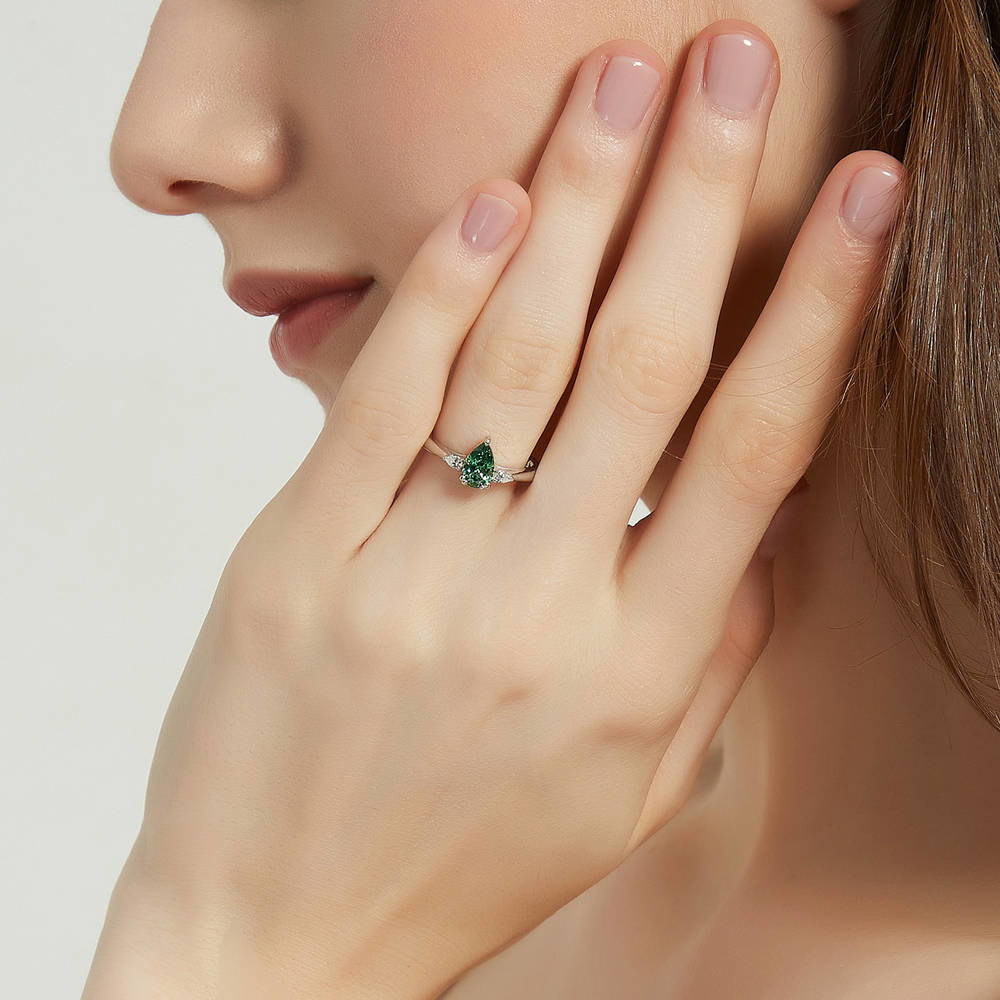 3-Stone Green Pear CZ Ring in Sterling Silver