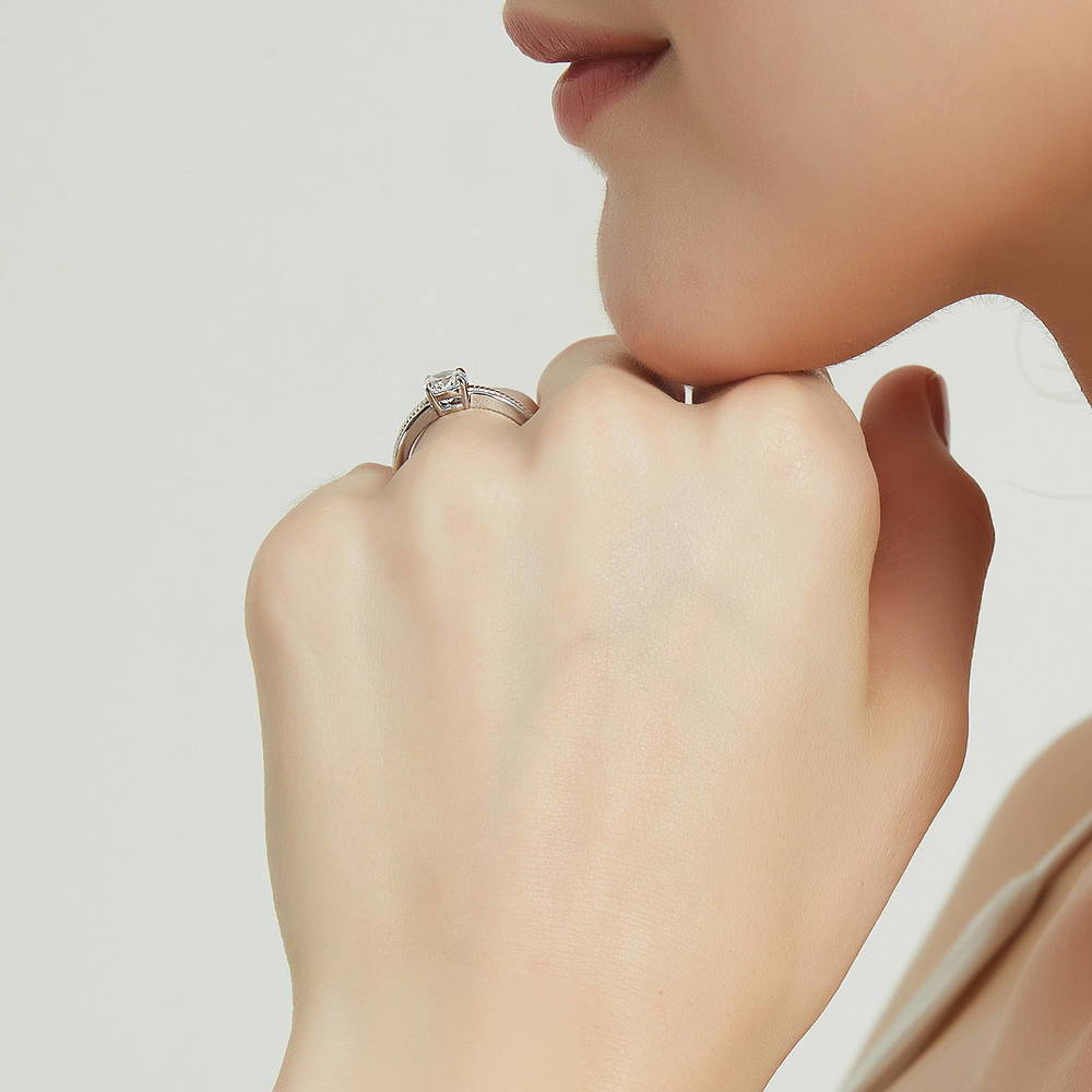 Model wearing Solitaire Cable 0.8ct CZ Ring in Sterling Silver, 7 of 8