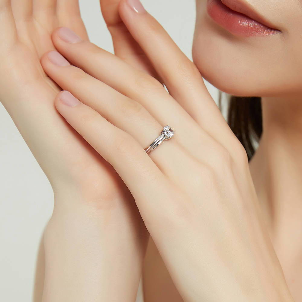 Model wearing Solitaire Cable 0.8ct CZ Ring in Sterling Silver, 3 of 8