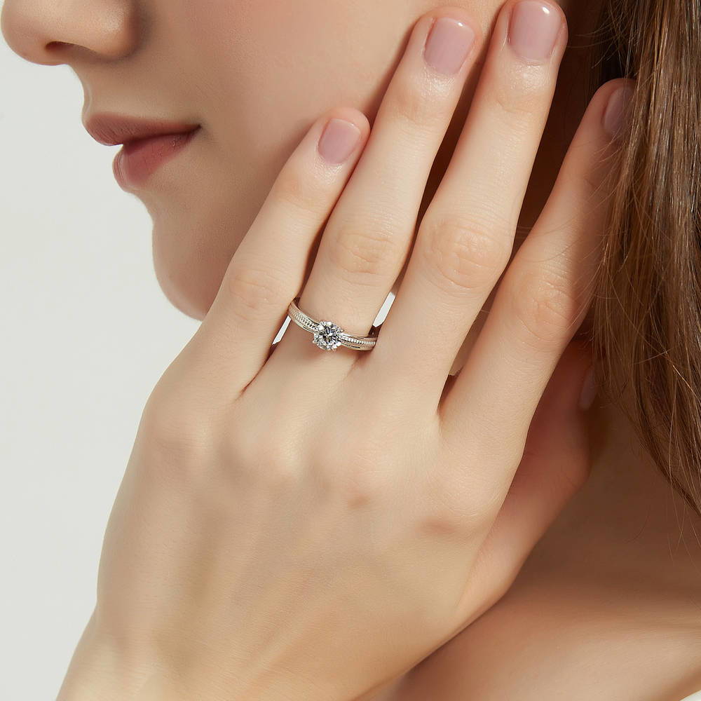 Model wearing Solitaire Cable 0.8ct CZ Ring in Sterling Silver, 2 of 8
