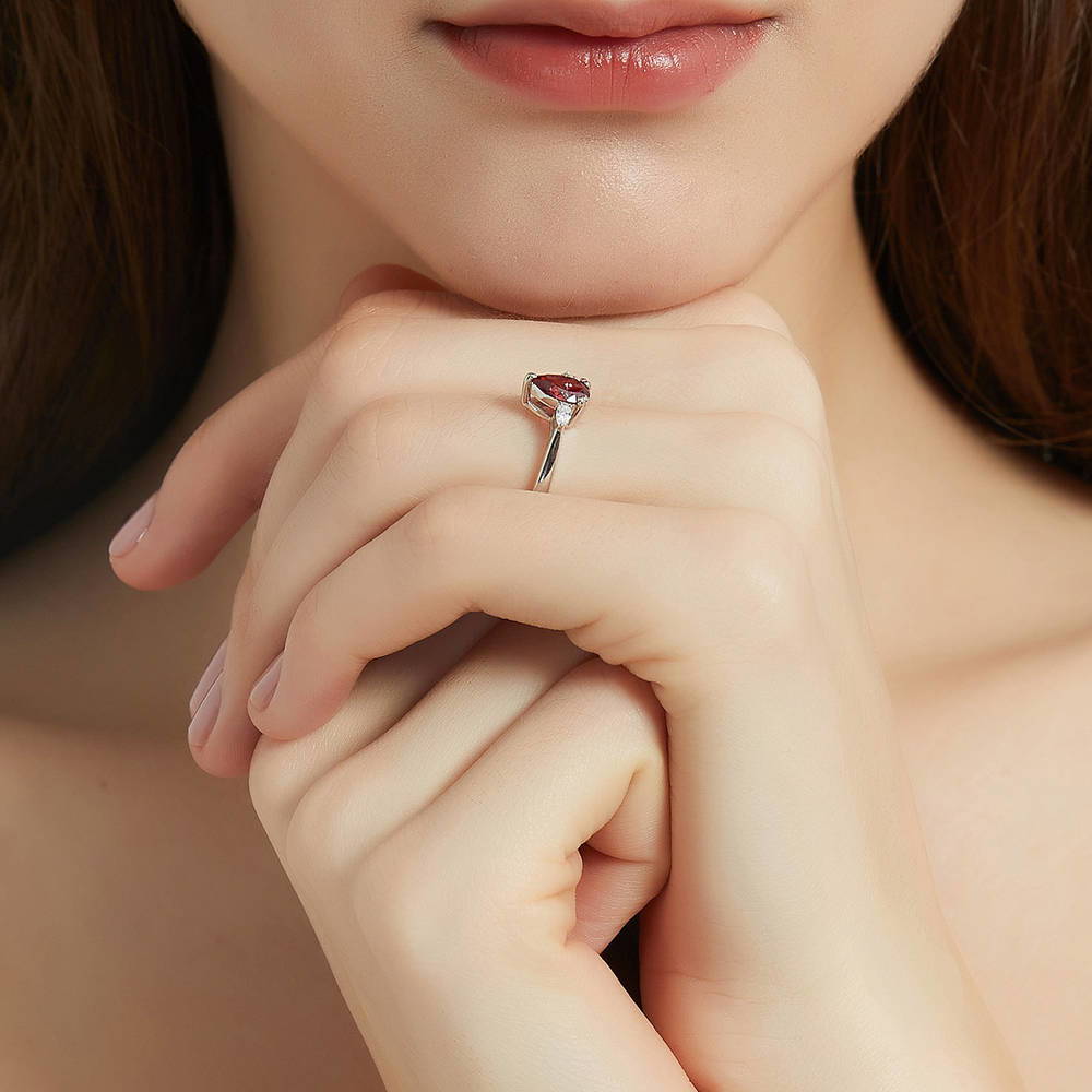 Model wearing 3-Stone 0.8ct Red Pear CZ Ring in Sterling Silver, 6 of 8