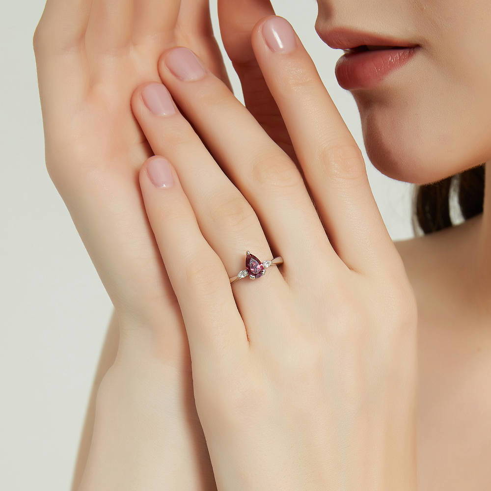 3-Stone 0.8ct Red Pear CZ Ring in Sterling Silver