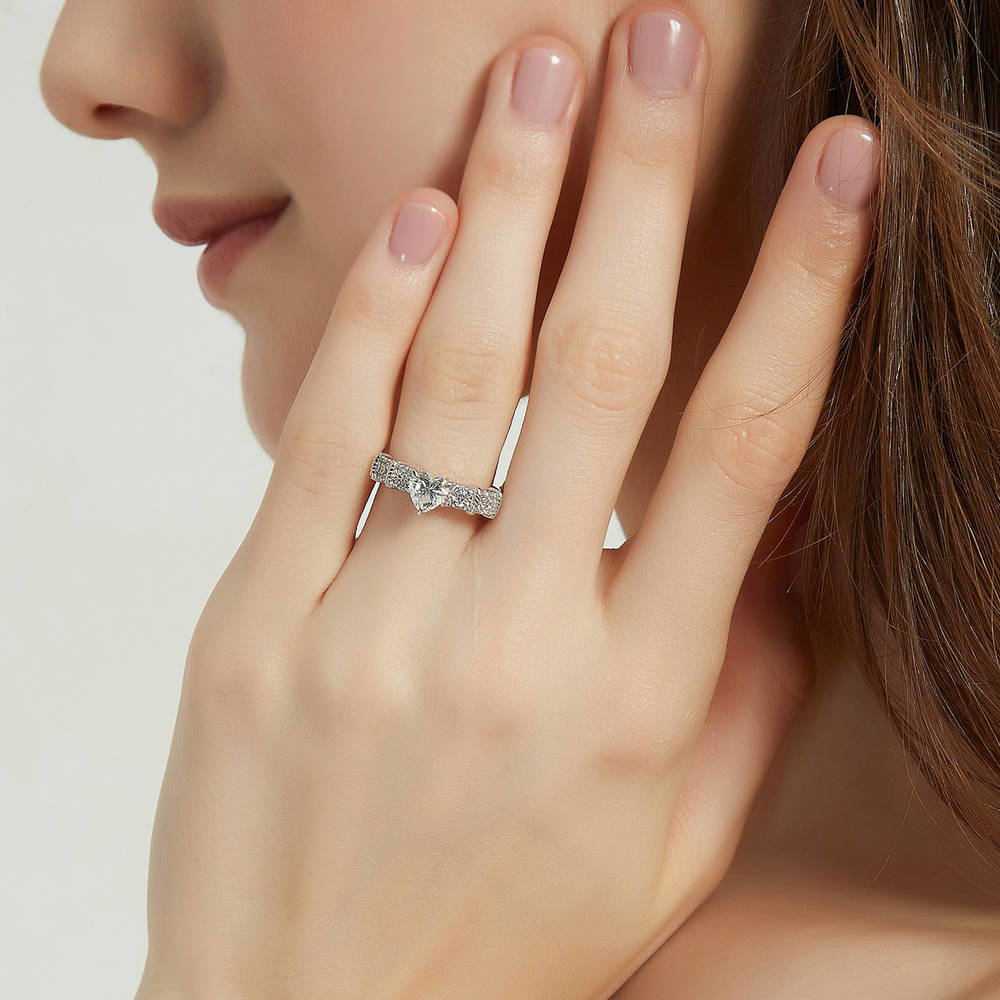 Model wearing Solitaire Heart 0.7ct Heart CZ Ring in Sterling Silver, 2 of 8