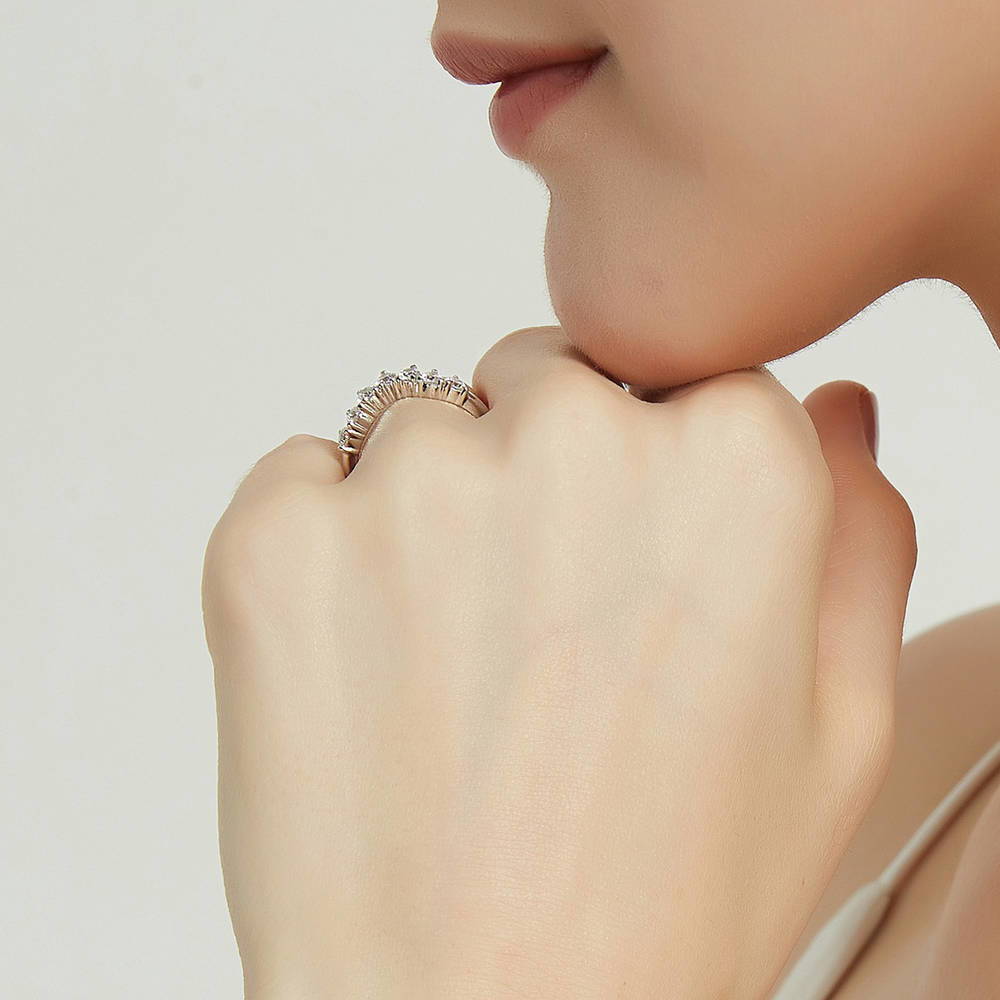 Model wearing 7-Stone Wishbone CZ Curved Half Eternity Ring in Sterling Silver, 8 of 8