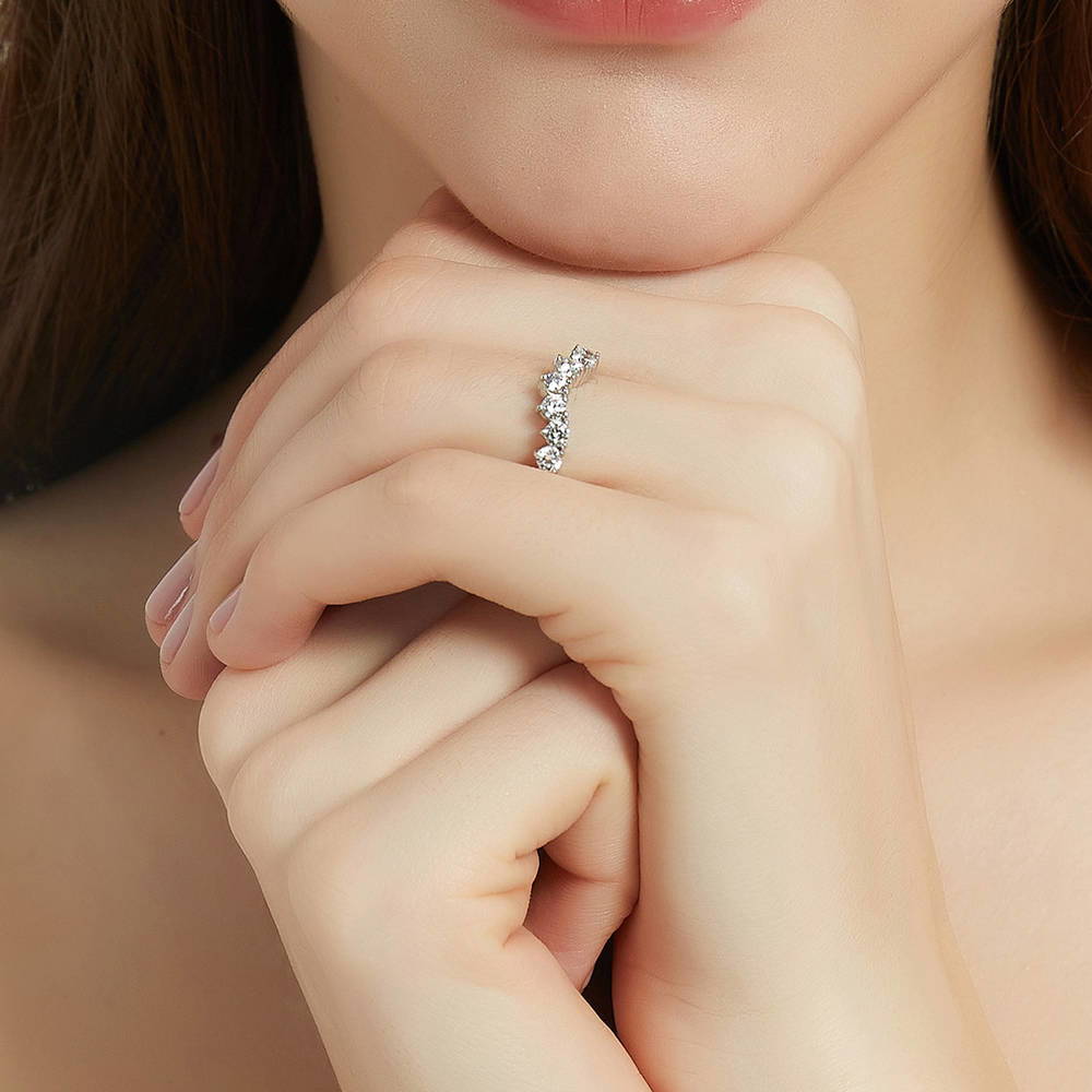 Model wearing 7-Stone Wishbone CZ Curved Half Eternity Ring in Sterling Silver, 6 of 8