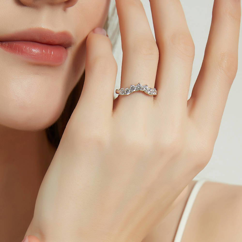 Model wearing 7-Stone Wishbone CZ Curved Half Eternity Ring in Sterling Silver, 2 of 8