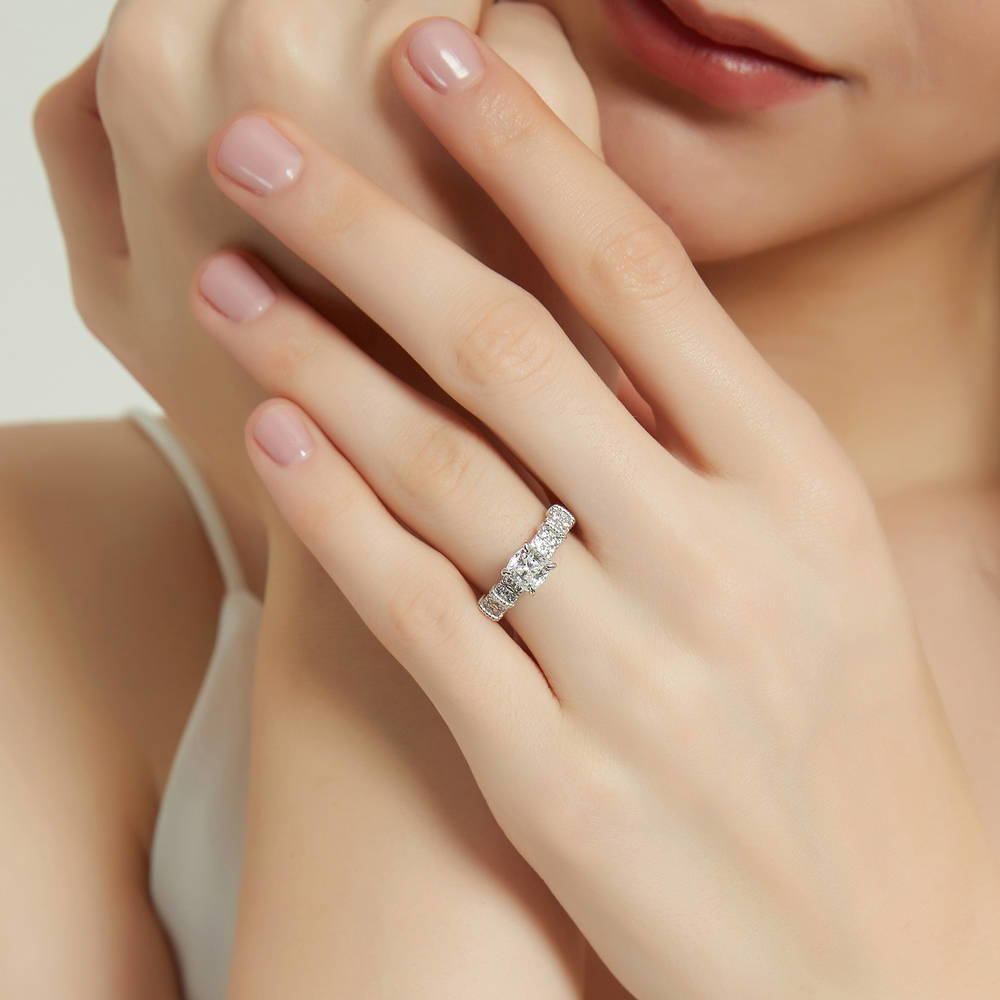 Model wearing Solitaire 1.25ct Cushion CZ Ring in Sterling Silver, 2 of 8