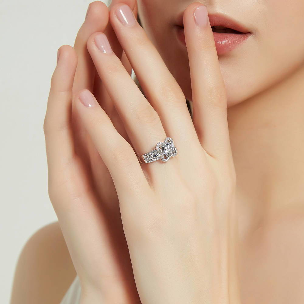 Model wearing Flower CZ Ring in Sterling Silver, 4 of 8