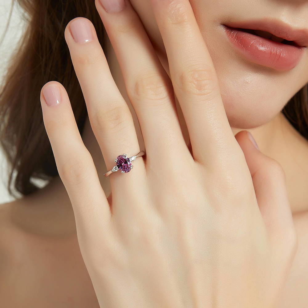 3-Stone 1.2ct Purple Oval CZ Ring in Sterling Silver