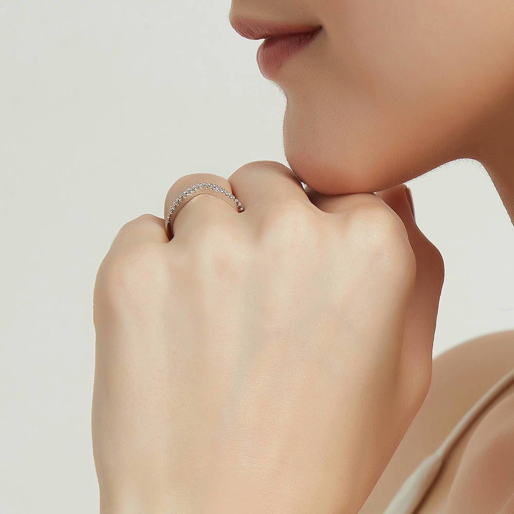 Model wearing Wishbone CZ Curved Half Eternity Ring in Sterling Silver, 7 of 8