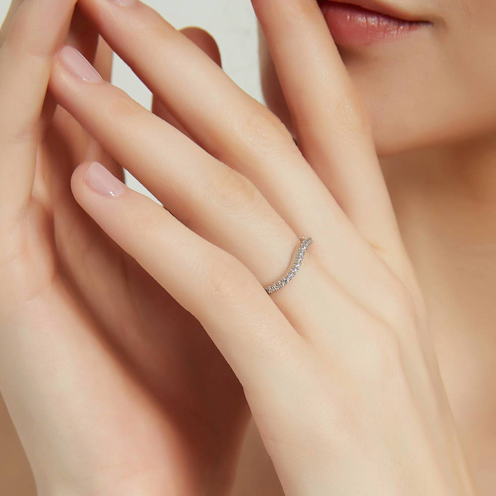 Model wearing Wishbone CZ Curved Half Eternity Ring in Sterling Silver, 3 of 8