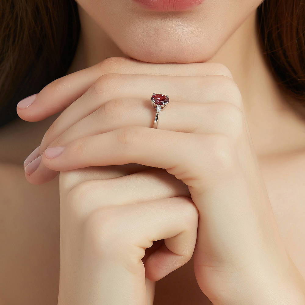 3-Stone 1.2ct Red Oval CZ Ring in Sterling Silver