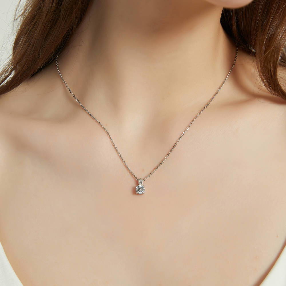 Model wearing Solitaire 0.8ct CZ Necklace in Sterling Silver, 2 of 5