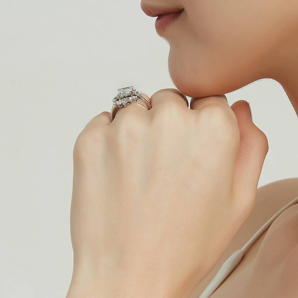 3-Stone Flower 7-Stone Wishbone CZ Ring Set in Sterling Silver