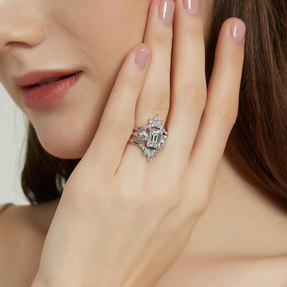 Model wearing 3-Stone Flower 7-Stone Wishbone CZ Ring Set in Sterling Silver, 6 of 19