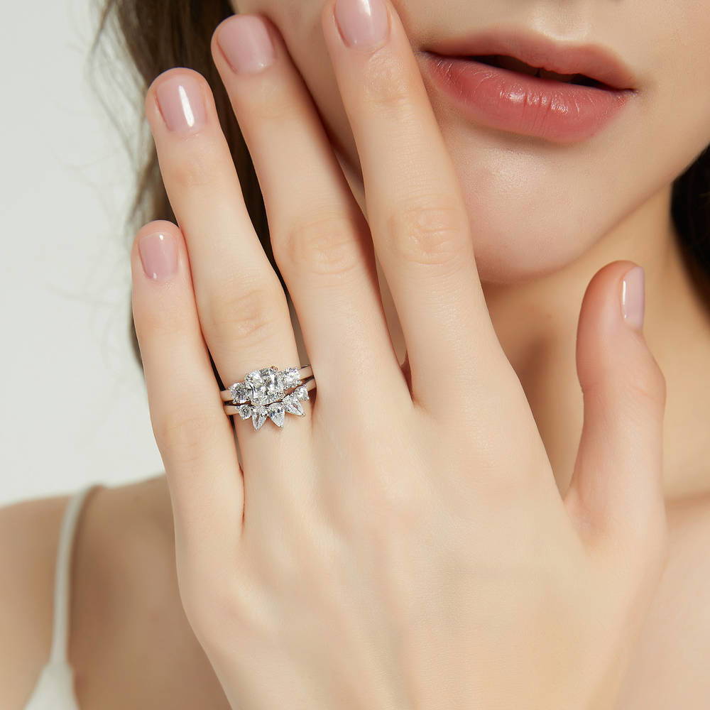3-Stone 5-Stone Wishbone Cushion CZ Ring Set in Sterling Silver