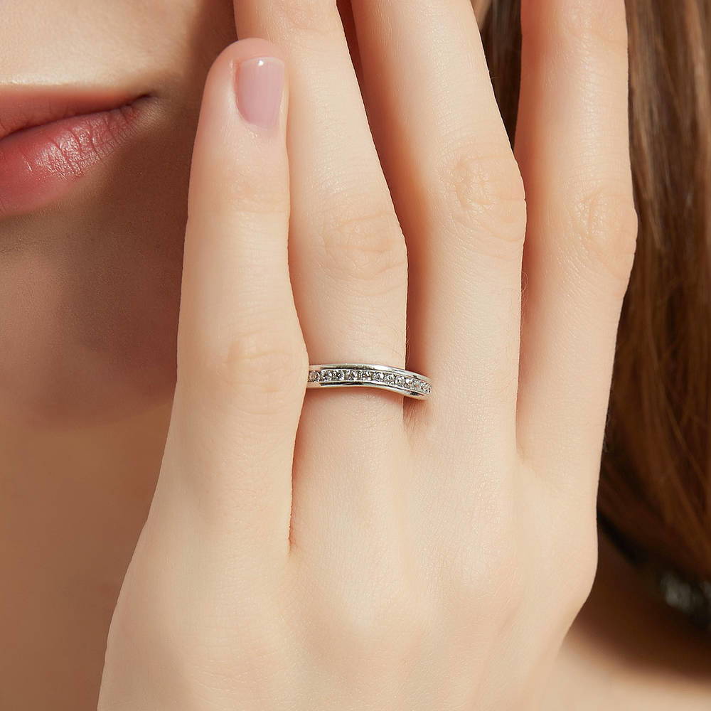 Model wearing 3-Stone 1.5ct Cushion CZ Ring Set in Sterling Silver, 15 of 17