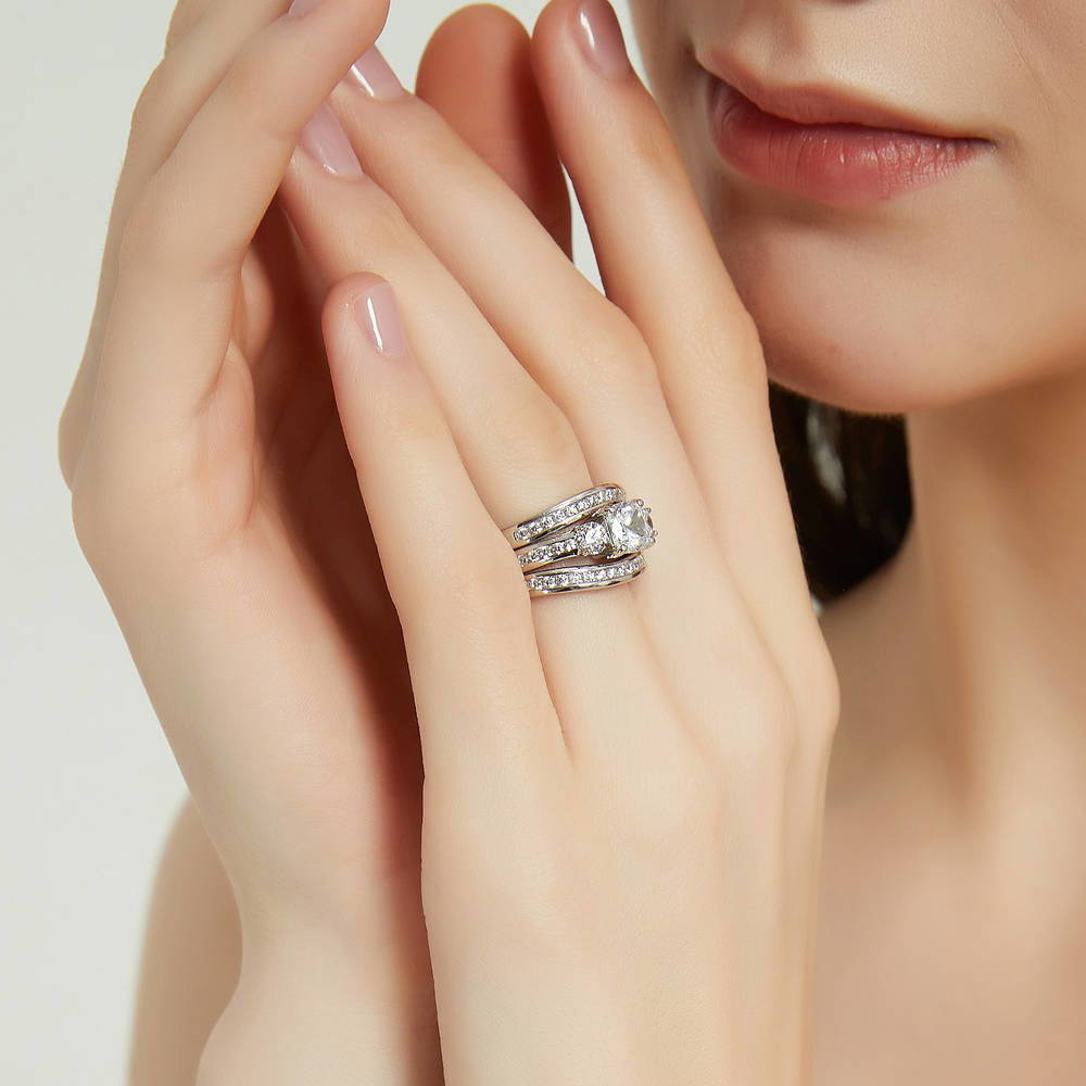 Model wearing 3-Stone 1.5ct Cushion CZ Ring Set in Sterling Silver, 3 of 17