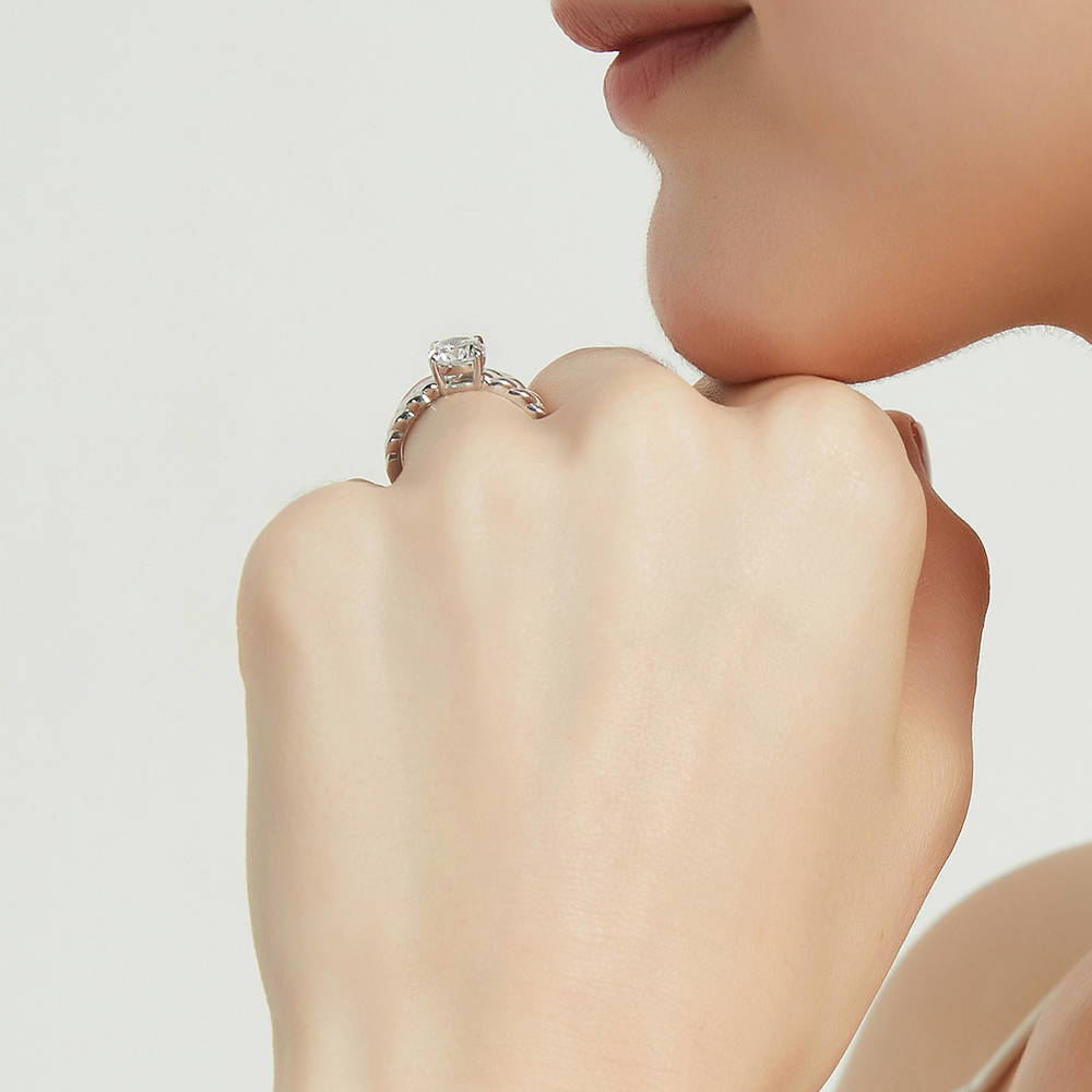 Model wearing Woven Solitaire 1.25ct CZ Ring in Sterling Silver, 7 of 8