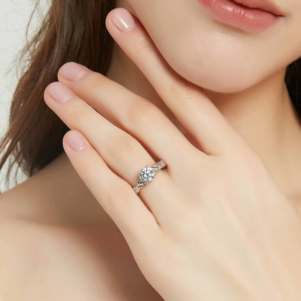 Model wearing Woven Solitaire 1.25ct CZ Ring in Sterling Silver, 2 of 8