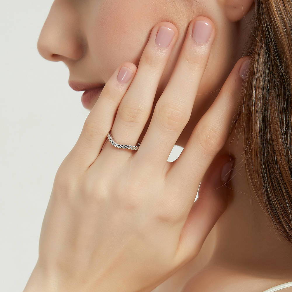 Model wearing Woven Solitaire 1.2ct CZ Ring Set in Sterling Silver, 9 of 12