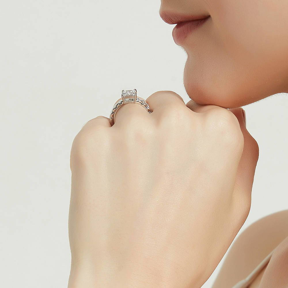 Model wearing Woven Solitaire 1.2ct CZ Ring in Sterling Silver, 7 of 8