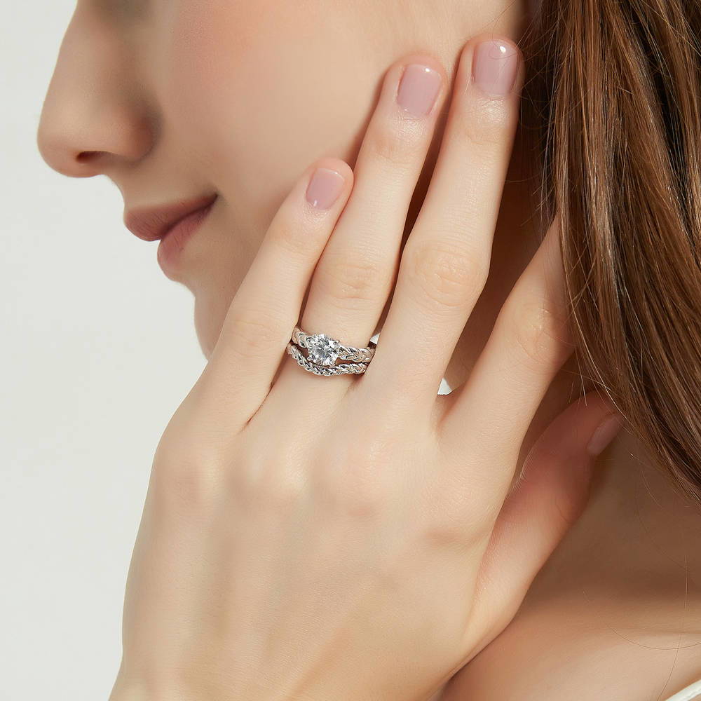 Model wearing Woven Solitaire 1.25ct CZ Ring in Sterling Silver, 10 of 16