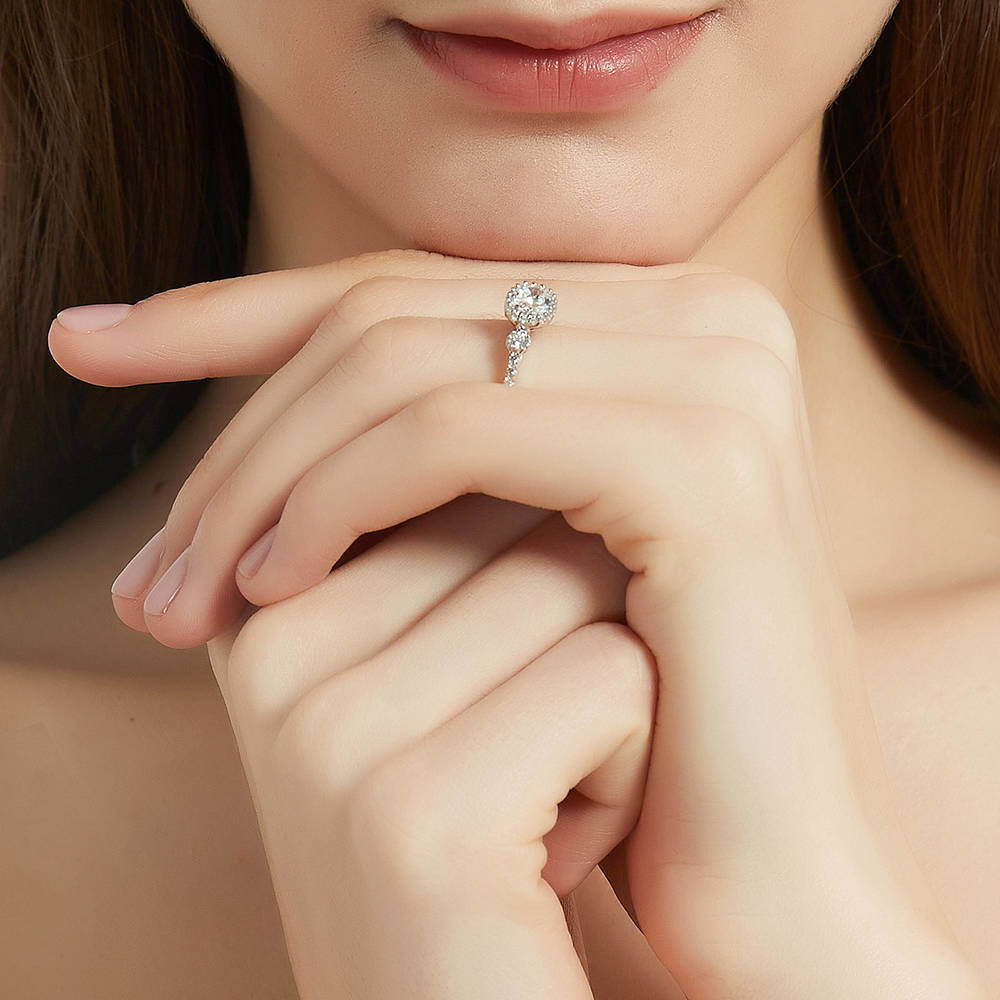 Model wearing 3-Stone 1.2ct Oval CZ Ring in Sterling Silver, 6 of 8