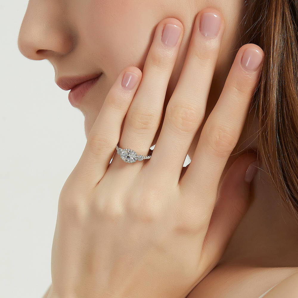 Model wearing 3-Stone 1.2ct Oval CZ Ring in Sterling Silver, 2 of 8