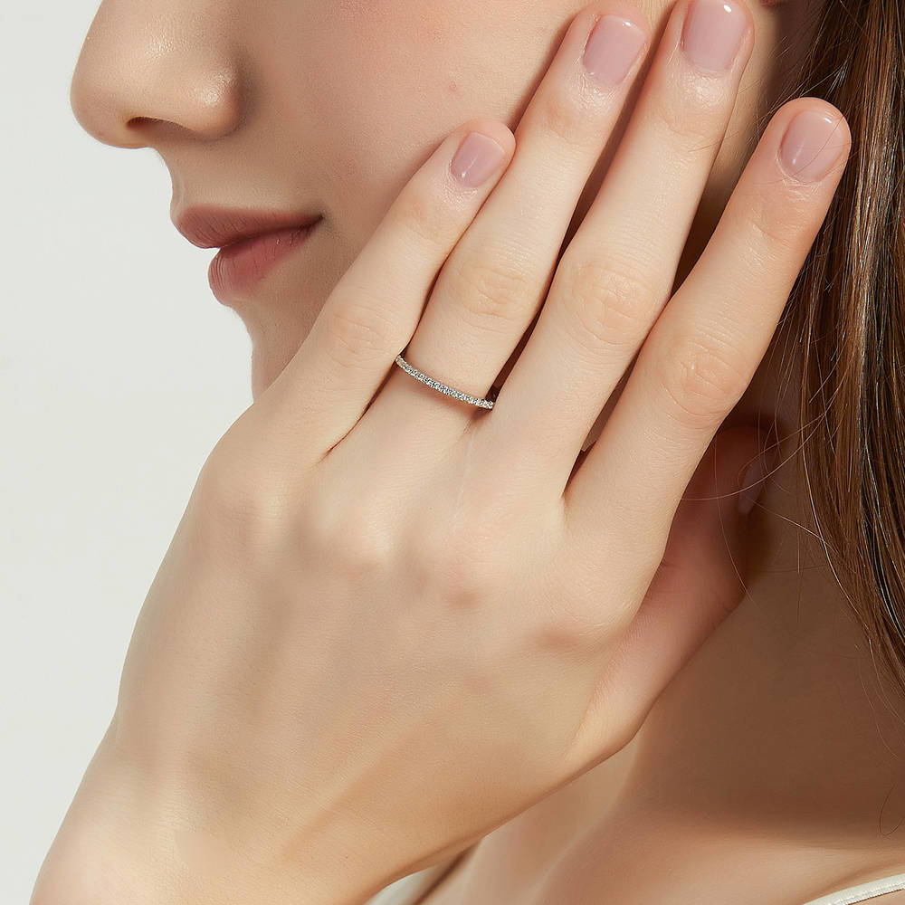 Model wearing 3-Stone 1.2ct Oval CZ Ring Set in Sterling Silver, 13 of 16