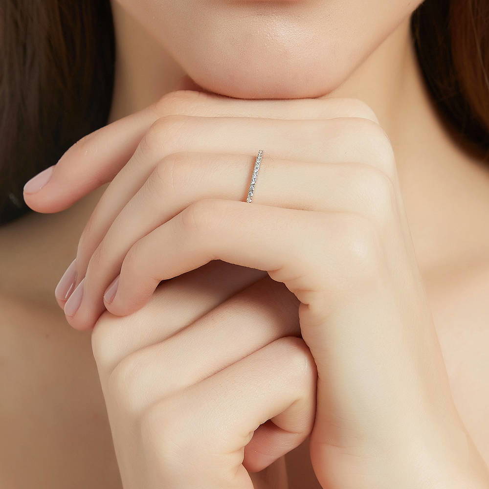 Model wearing 3-Stone 1.2ct Oval CZ Ring Set in Sterling Silver, 15 of 16