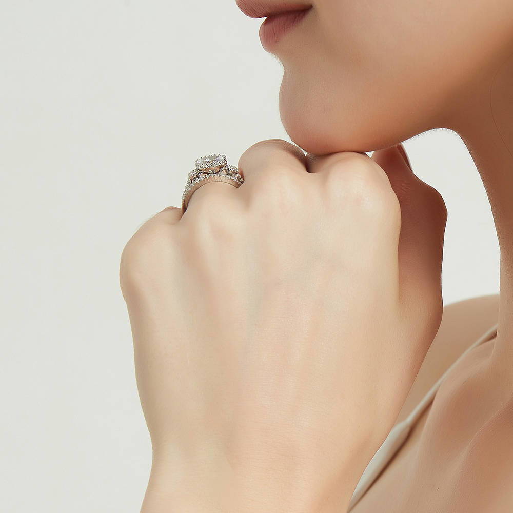 Model wearing 3-Stone 1.2ct Oval CZ Ring Set in Sterling Silver, 7 of 16