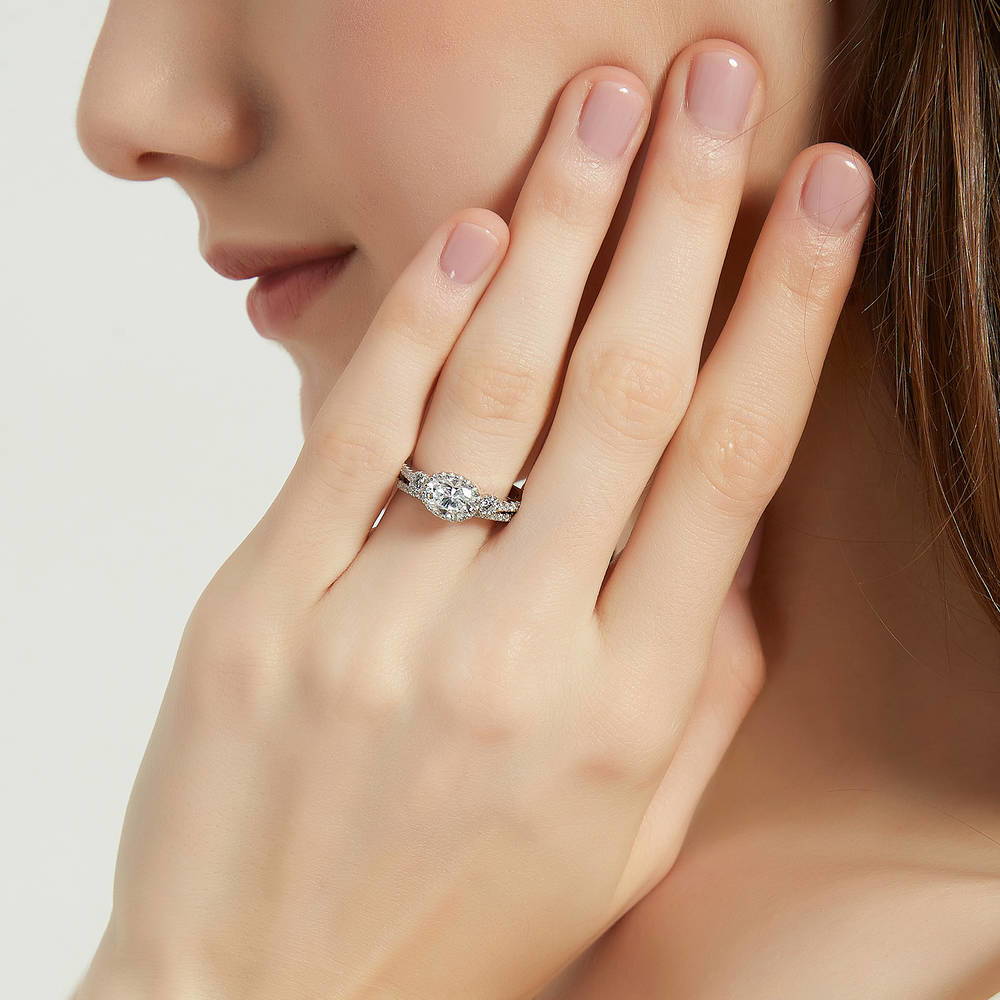 Model wearing 3-Stone 1.2ct Oval CZ Ring Set in Sterling Silver, 2 of 16
