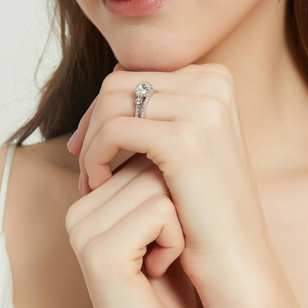 Model wearing 3-Stone 1.2ct Oval CZ Ring Set in Sterling Silver, 6 of 16
