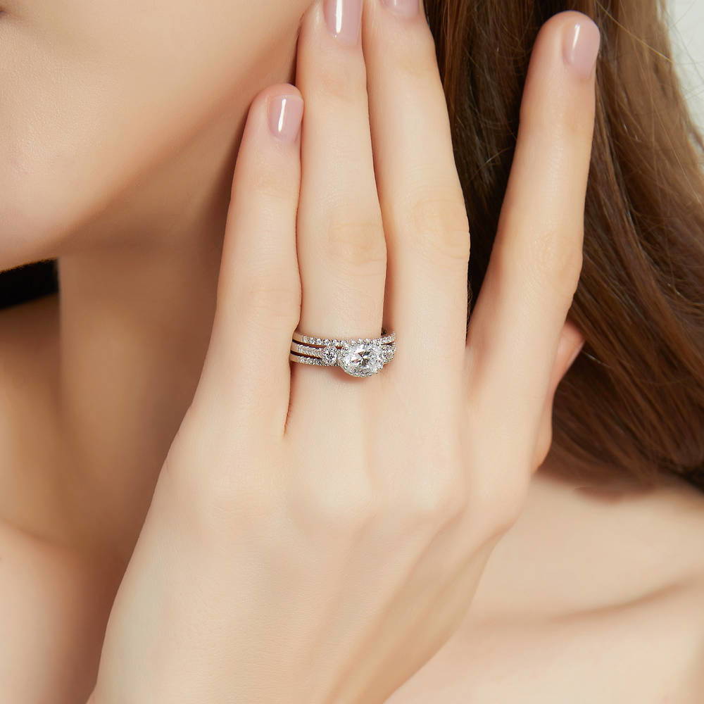 Model wearing 3-Stone 1.2ct Oval CZ Ring in Sterling Silver, 14 of 16