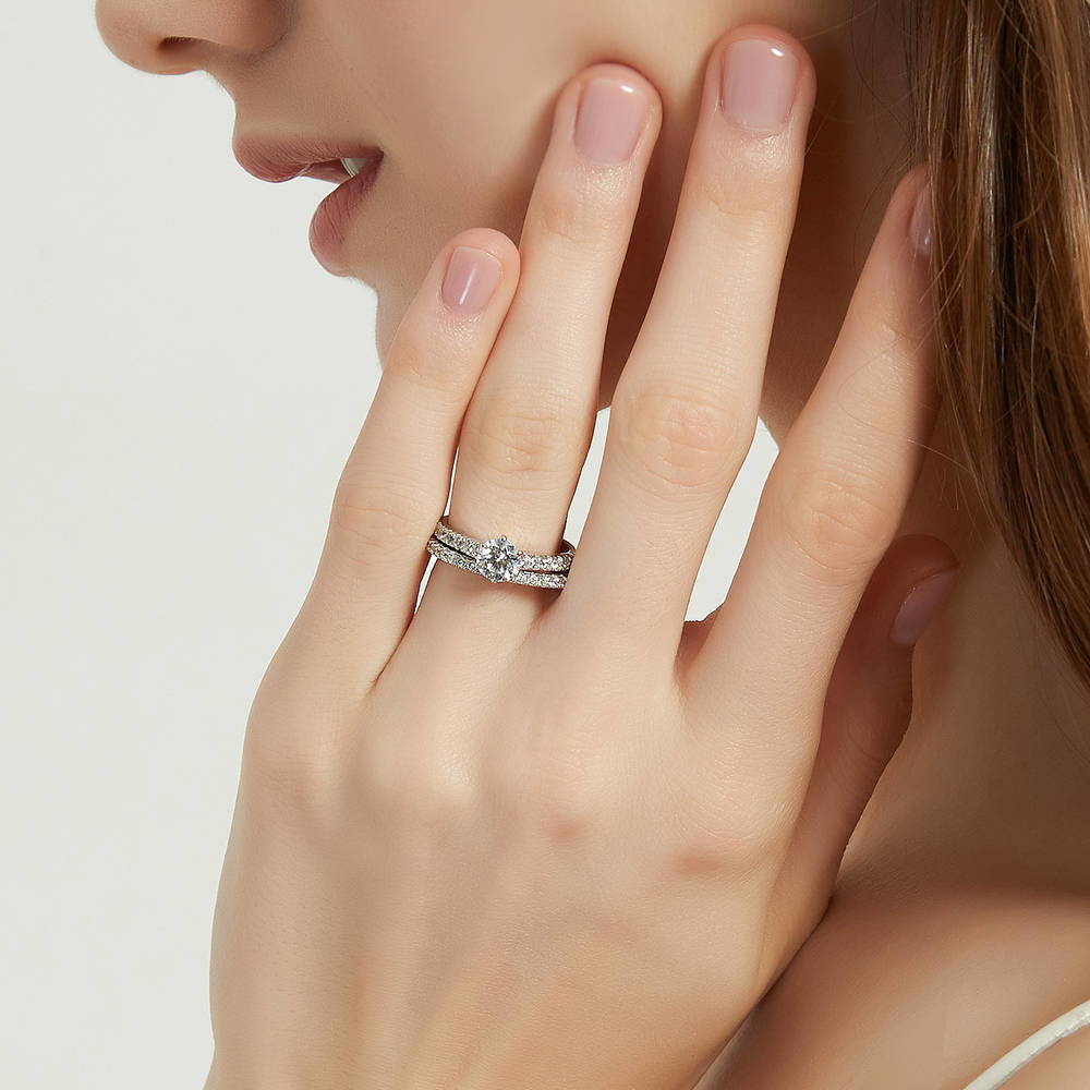 Model wearing Solitaire 0.8ct CZ Ring Set in Sterling Silver, 2 of 14
