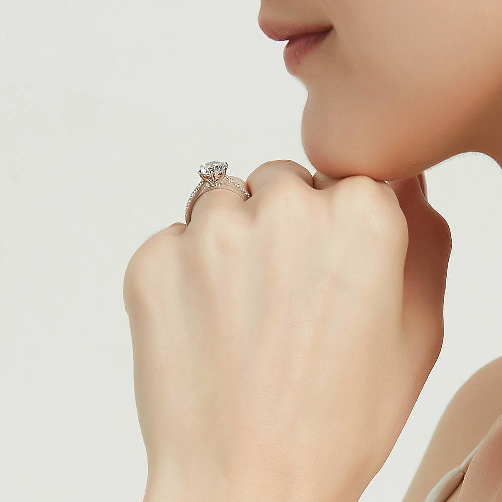 Model wearing Solitaire 5-Stone Wishbone 2ct CZ Ring Set in Sterling Silver, 14 of 18