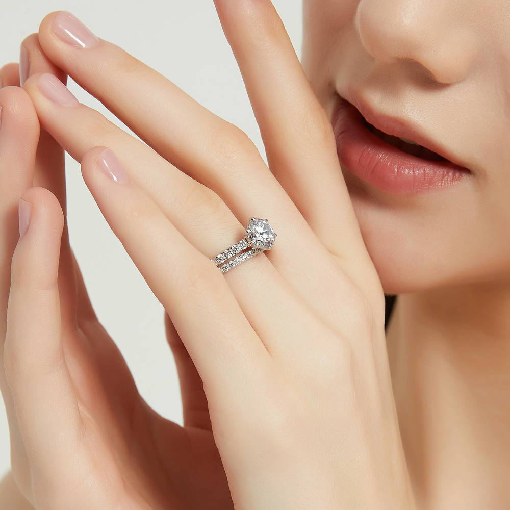 Model wearing Solitaire 2ct CZ Ring Set in Sterling Silver, 2 of 15
