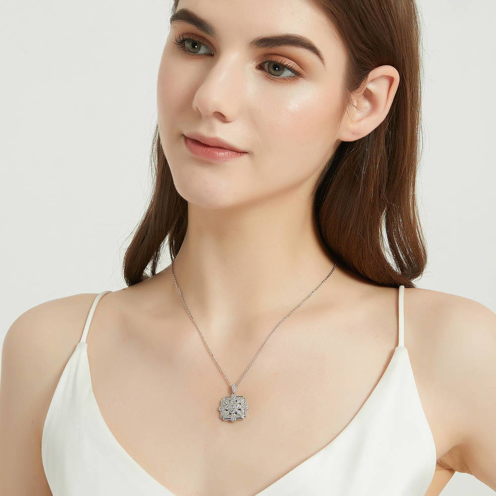 Model wearing Art Deco CZ Pendant Necklace in Sterling Silver, 3 of 5