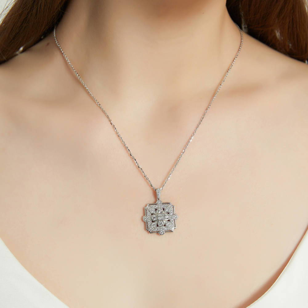 Model wearing Art Deco CZ Pendant Necklace in Sterling Silver, 2 of 5
