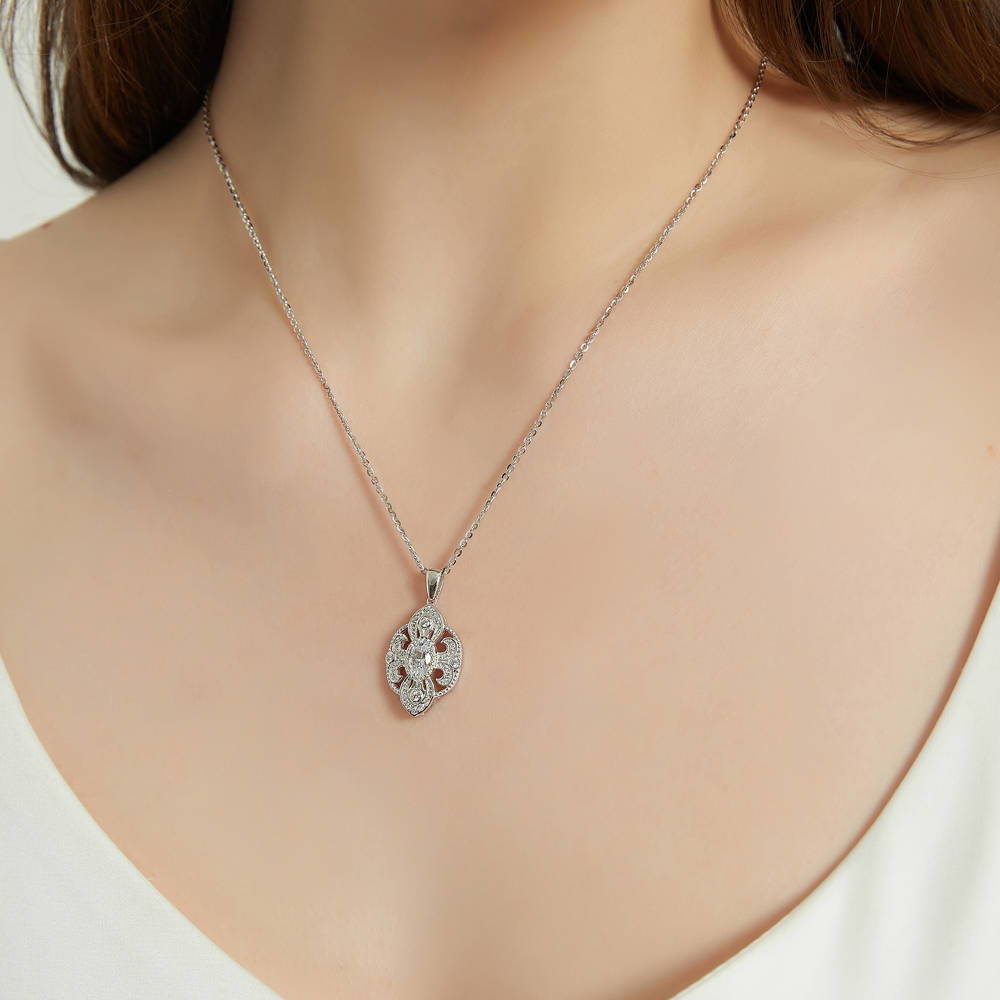 Milgrain CZ Necklace and Earrings Set in Sterling Silver